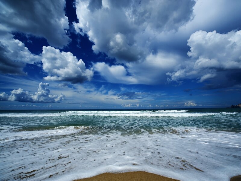 Ocean Waves on Beach — Blue, Dramatic, Afternoon, Photograph, Clouds, Sand