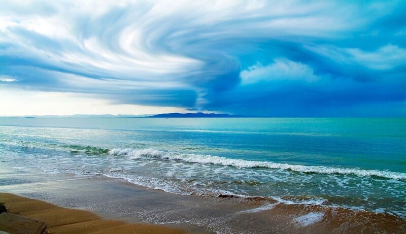Ocean Waves on Beach — Blue, Dramatic, Afternoon, Photograph, Clouds, Sea