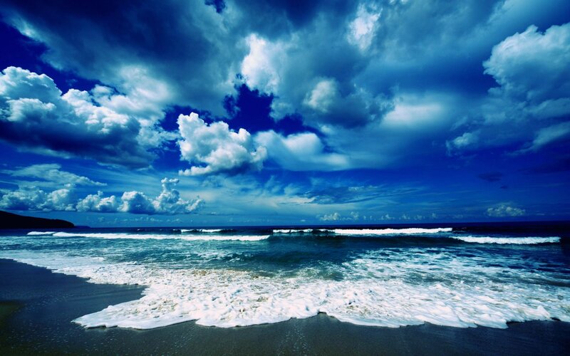 Ocean Waves on Beach — Blue, Dramatic, Afternoon, Photograph, Clouds, Sky