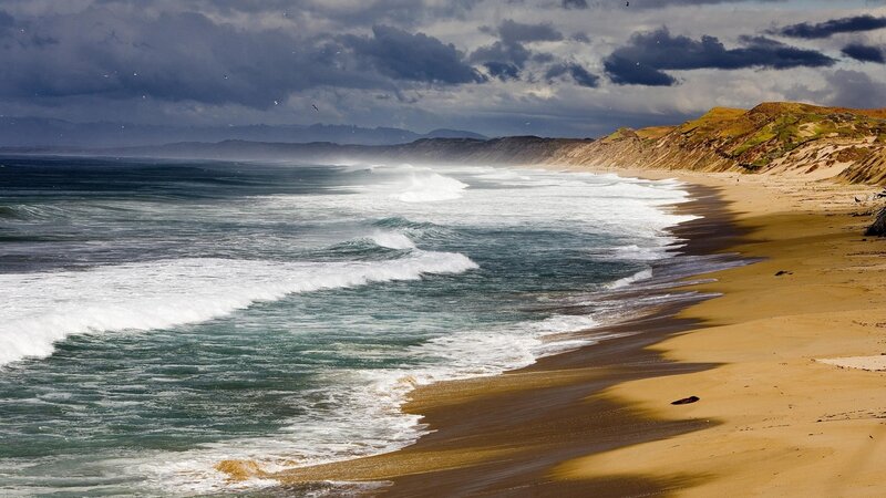 Ocean Waves on Beach — Blue, Dramatic, Photograph, Clouds, Sand Dunes