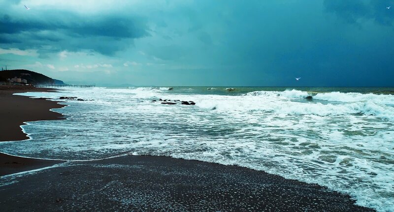 Ocean Waves on Beach — Blue, Dramatic, Photograph, Clouds