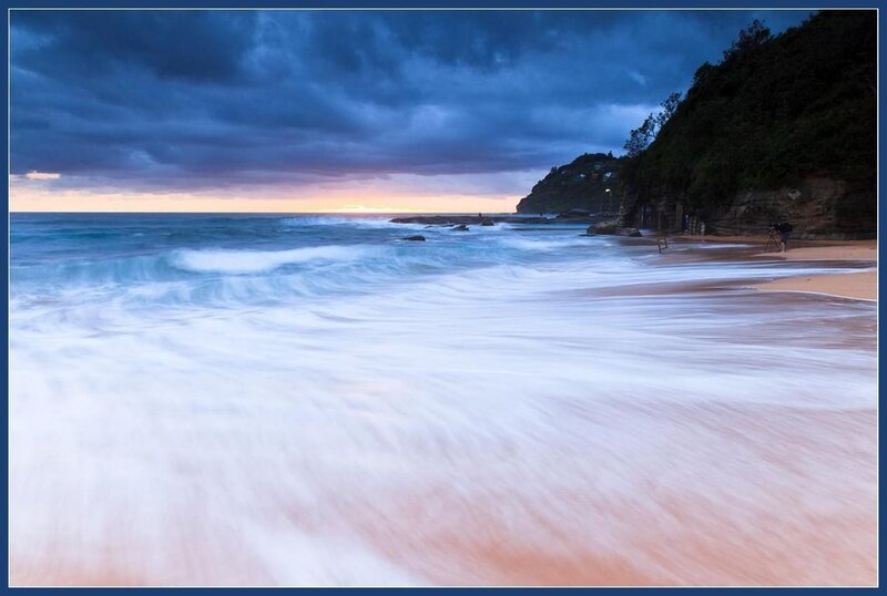 Ocean Waves on Beach — Blue, Dramatic, Sunset, Photograph, Cliff
