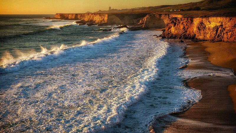 Ocean Waves on Beach — Blue, Dramatic, Sunset, Photograph, Cliffs, Sand