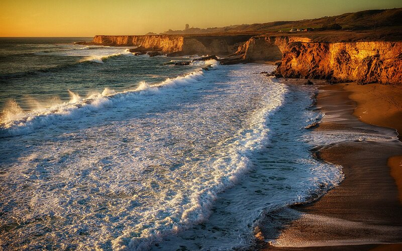 Ocean Waves on Beach — Blue, Dramatic, Sunset, Photograph, Cliffs