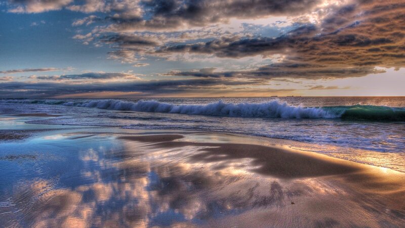 Ocean Waves on Beach — Blue, Dramatic, Sunset, Photograph, Clouds, Sand