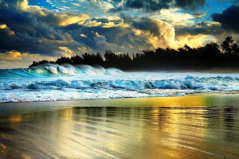 Ocean Waves on Beach — Blue, Dramatic, Sunset, Photograph, Clouds