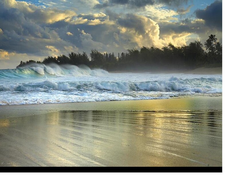 Ocean Waves on Beach — Blue, Dramatic, Sunset, Photograph, Clouds, Trees, Sand