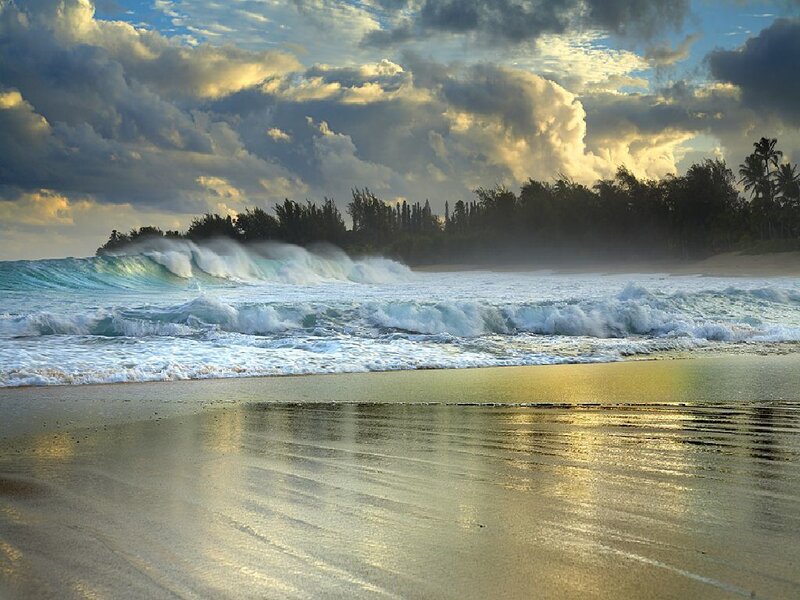 Ocean Waves on Beach — Blue, Dramatic, Sunset, Photograph, Clouds, Trees, Sand, White