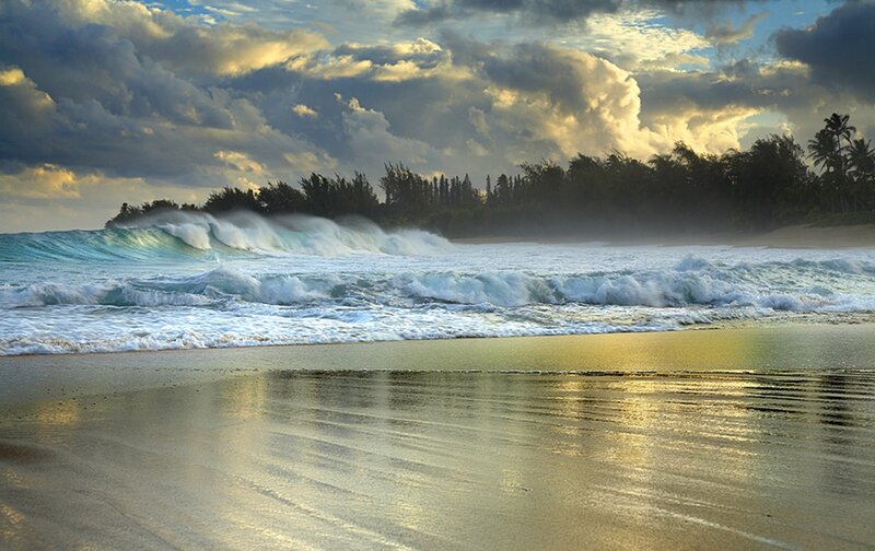 Ocean Waves on Beach — Blue, Dramatic, Sunset, Photograph, Clouds, Trees