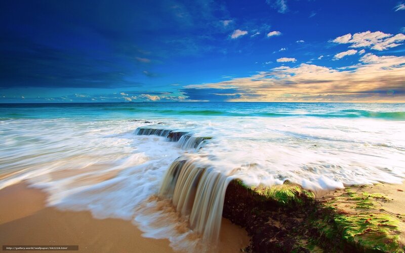 Ocean Waves on Beach — Blue, Dramatic, Sunset, Photograph, Sand, Rocks