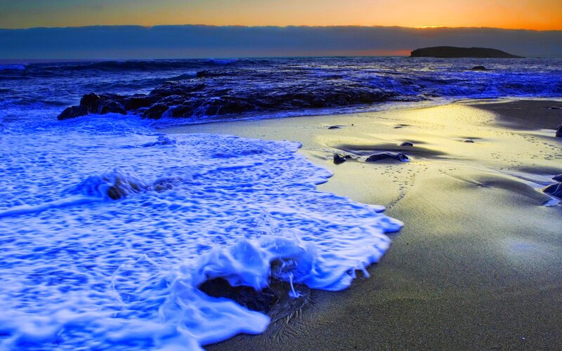 Ocean Waves on Beach — Blue, Dramatic, Sunset, Photograph, Sand