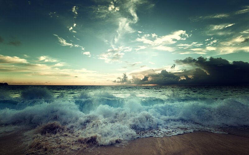 Ocean Waves on Beach — Blue, Dramatic, Sunset, Photograph, Sky, Clouds