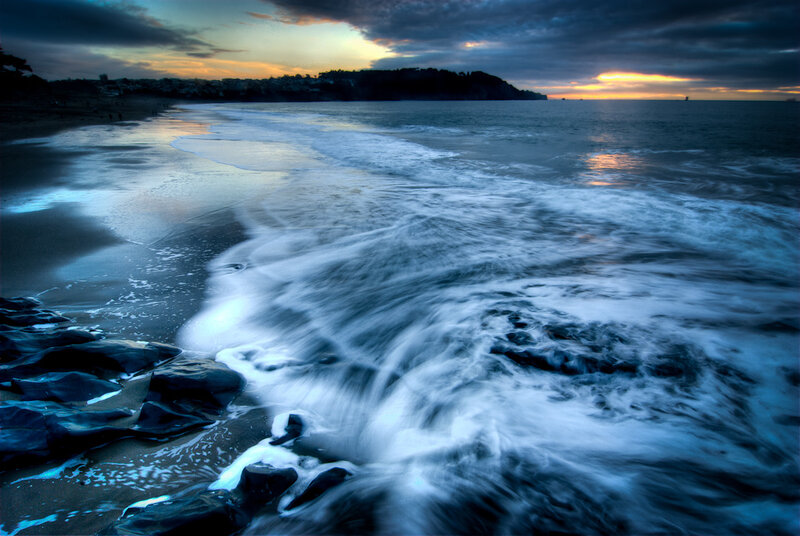 Ocean Waves on Beach — Blue, Dramatic, Sunset, Photograph, Sky