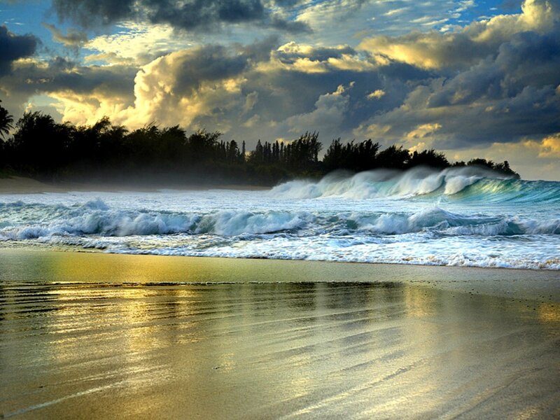 Ocean Waves on Beach — Blue, Dramatic, Sunset, Photograph