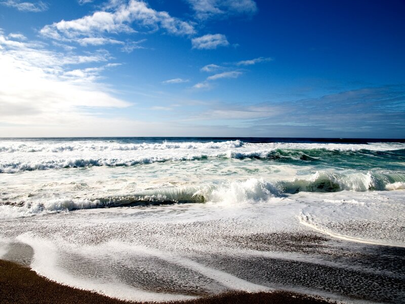 Ocean Waves on Beach — Blue, Dynamic, Afternoon, Photograph, Sand, Sky