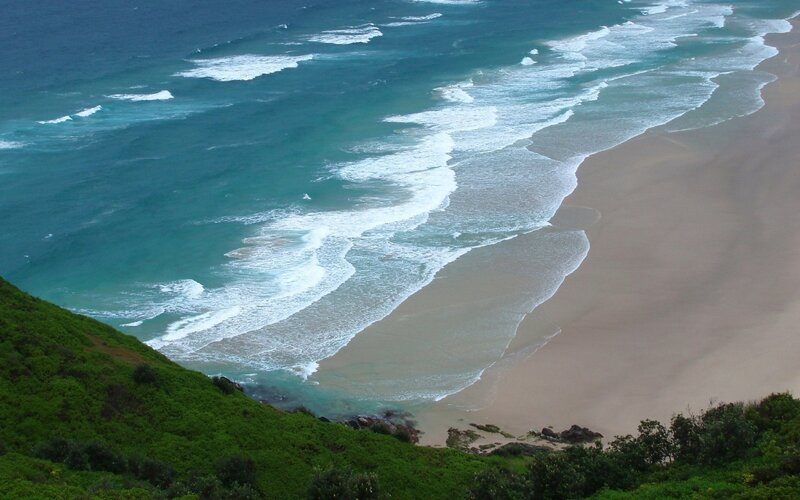 Ocean Waves on Beach — Blue, Serene, Afternoon, Photograph, Sand, Green Hill