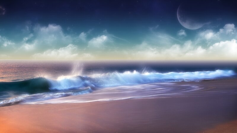 Ocean Waves on Beach — Blue, Serene, Night, Digital Art