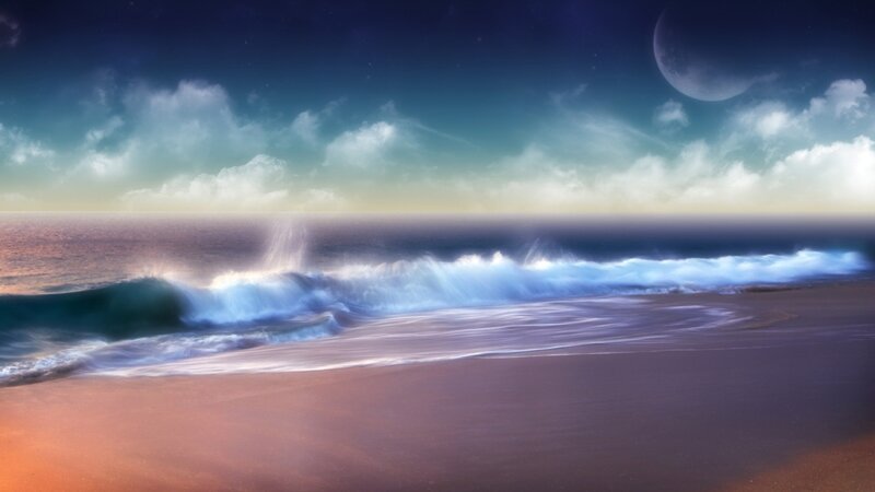 Ocean Waves on Beach — Blue, Serene, Night