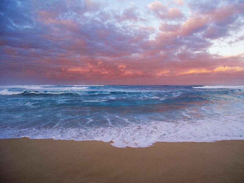 Ocean Waves on Beach — Blue, Serene, Sunset, Photograph, Sand, Clouds