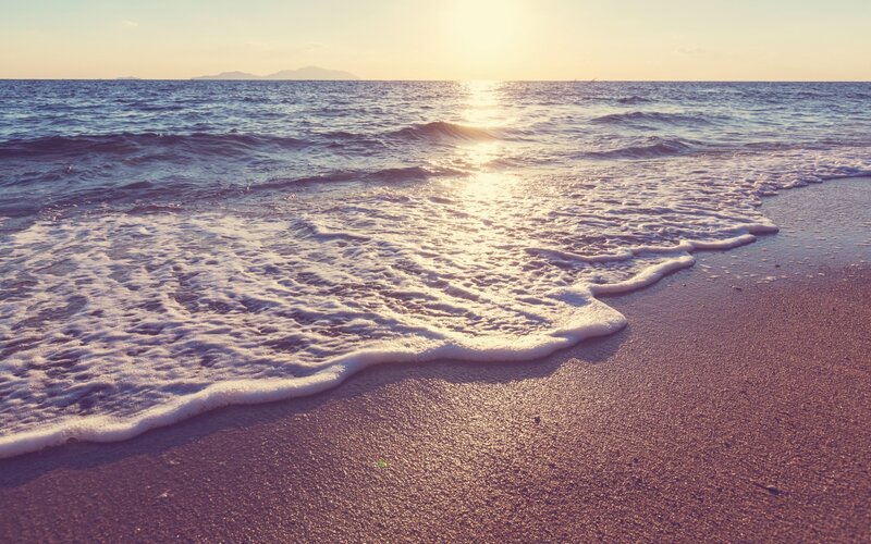Ocean Waves on Beach — Blue, Serene, Sunset, Photograph, Sand, Sun