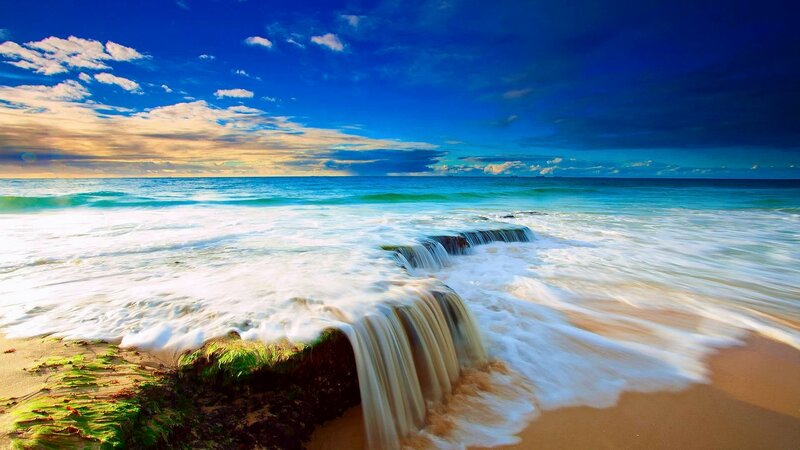 Ocean Waves on Beach — Blue, Serene, Sunset, Photograph, Sand