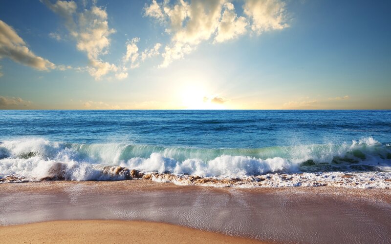 Ocean Waves on Beach — Blue, Serene, Sunset, Photograph, Sun, Clouds