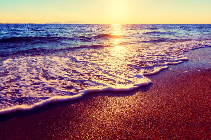 Ocean Waves on Beach — Blue, Serene, Sunset, Photograph, Sun, Sand