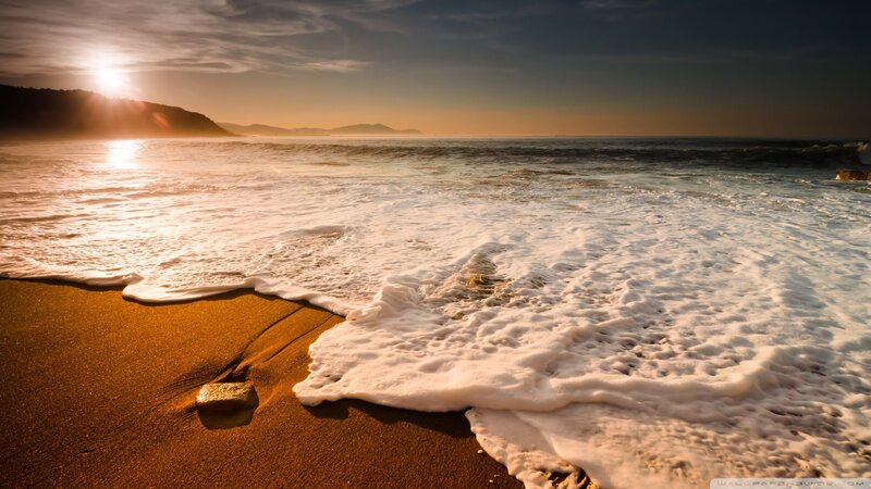 Ocean Waves on Beach — Gold, Serene, Sunset, Photograph