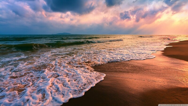 Ocean Waves on Beach — Orange, Dramatic, Sunset, Photograph, Clouds, Sand