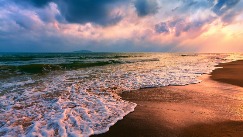 Ocean Waves on Beach — Orange, Dramatic, Sunset, Photograph, Clouds
