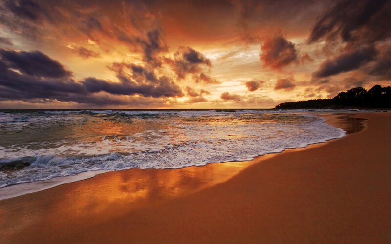 Ocean Waves on Beach — Orange, Dramatic, Sunset, Photograph, Sky