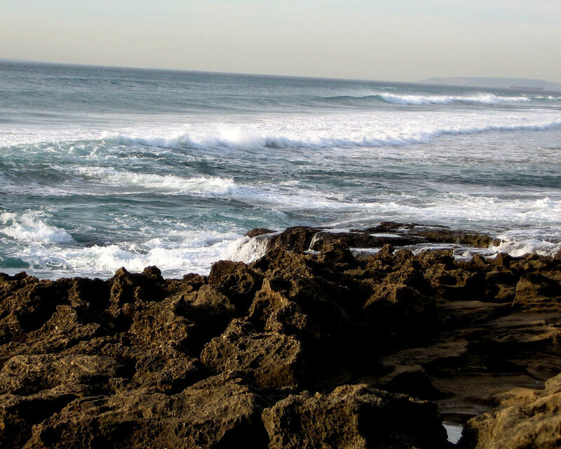 Ocean Waves on Rocks — Blue, Calm, Afternoon, Photograph, Brown