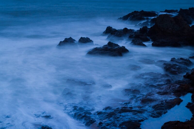 Ocean Waves on Rocks — Blue, Calm, Night