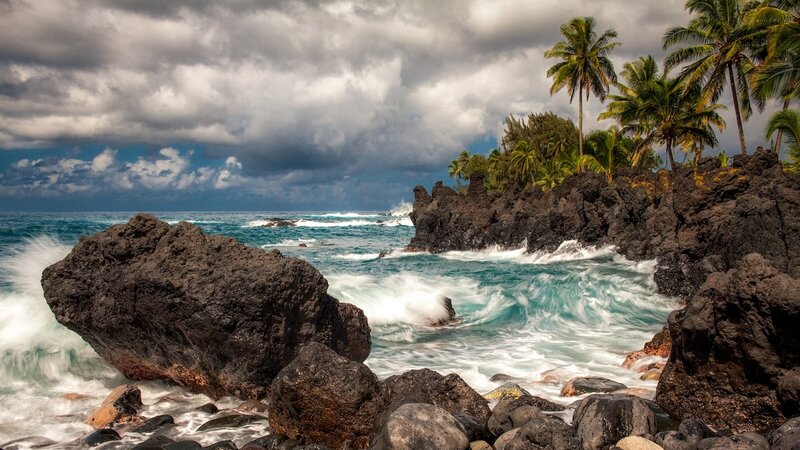 Ocean Waves on Rocks — Blue, Dramatic, Afternoon, Photograph, Palm Trees