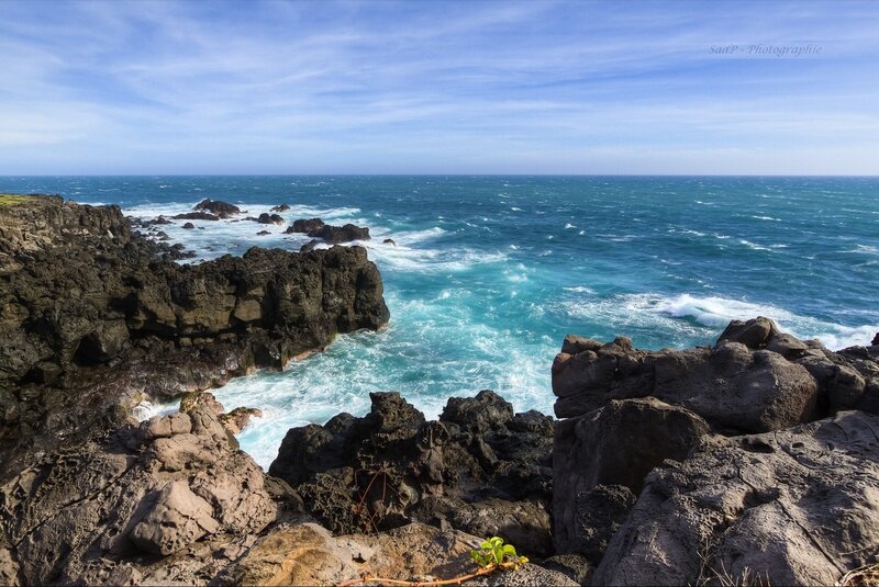 Ocean Waves on Rocks — Blue, Dramatic, Afternoon, Photograph, Sky