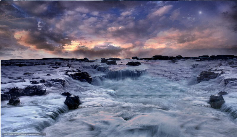 Ocean Waves on Rocks — Blue, Dramatic, Night, Photograph, Clouds