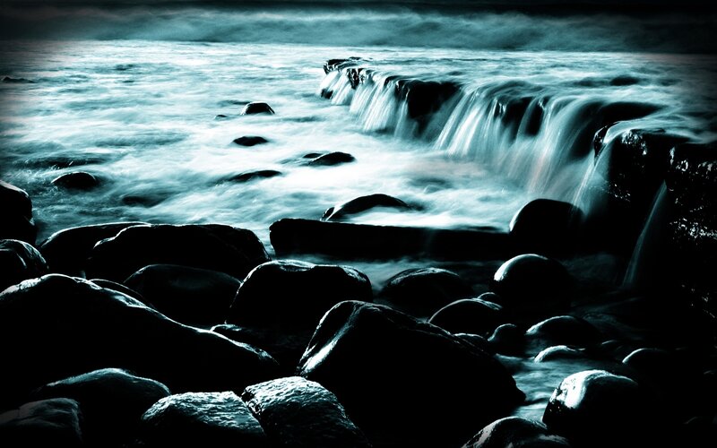 Ocean Waves on Rocks — Blue, Dramatic, Night, Photograph, Sea