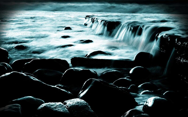 Ocean Waves on Rocks — Blue, Dramatic, Night, Photograph