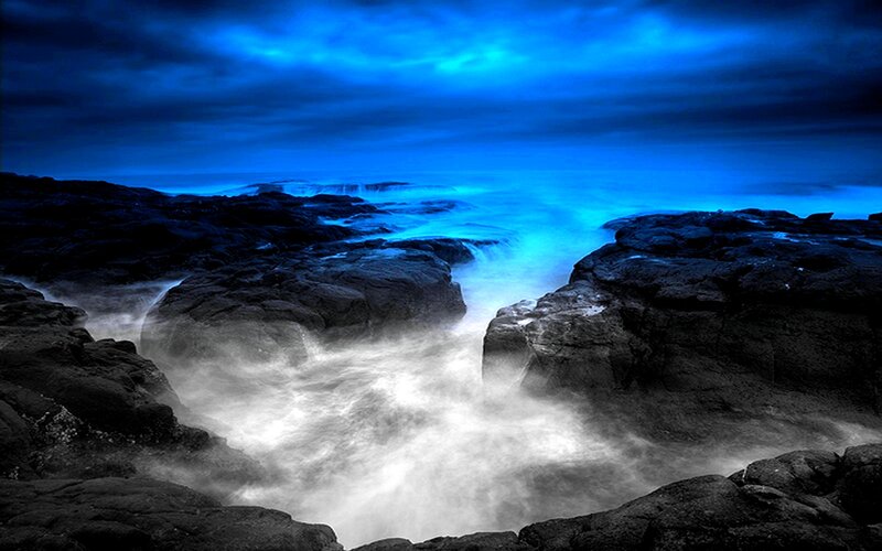 Ocean Waves on Rocks — Blue, Dramatic, Night