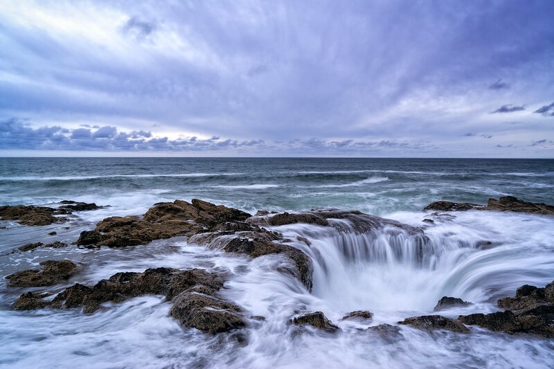 Ocean Waves on Rocks — Blue, Dramatic, Photograph