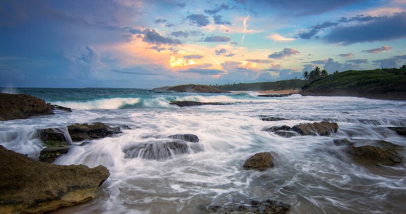 Ocean Waves on Rocks — Blue, Dramatic, Sunset, Photograph, Clouds, Palm Trees