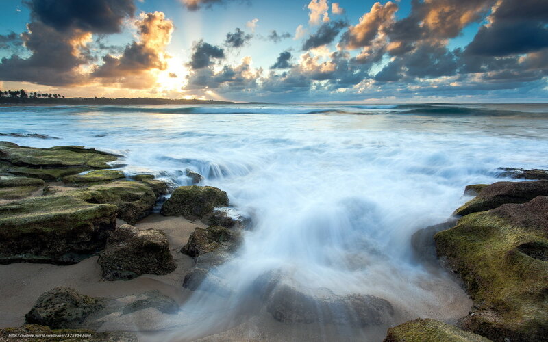 Ocean Waves on Rocks — Blue, Dramatic, Sunset, Photograph, Clouds, Sand