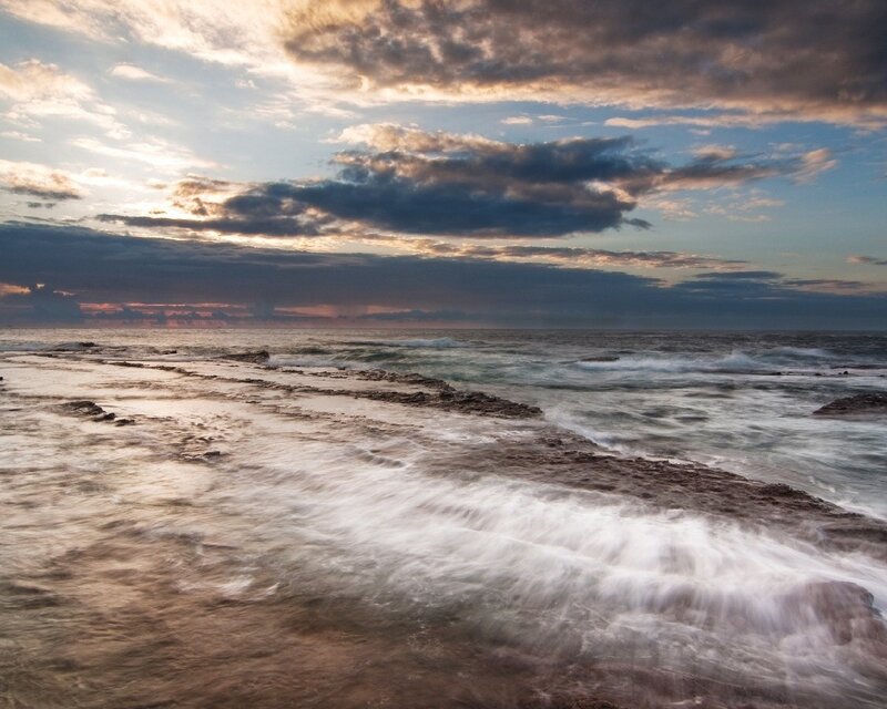 Ocean Waves on Rocks — Blue, Dramatic, Sunset, Photograph, Clouds, Sea, Sky