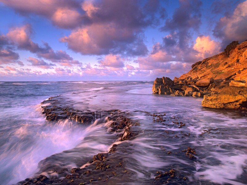 Ocean Waves on Rocks — Blue, Dramatic, Sunset, Photograph, Clouds, Sea