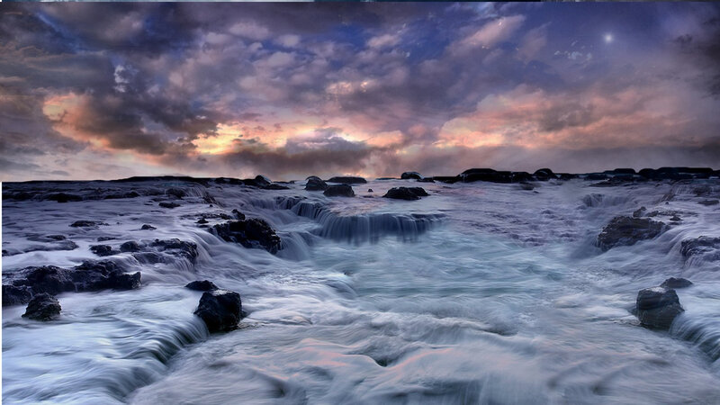 Ocean Waves on Rocks — Blue, Dramatic, Sunset, Photograph, Clouds, Sky