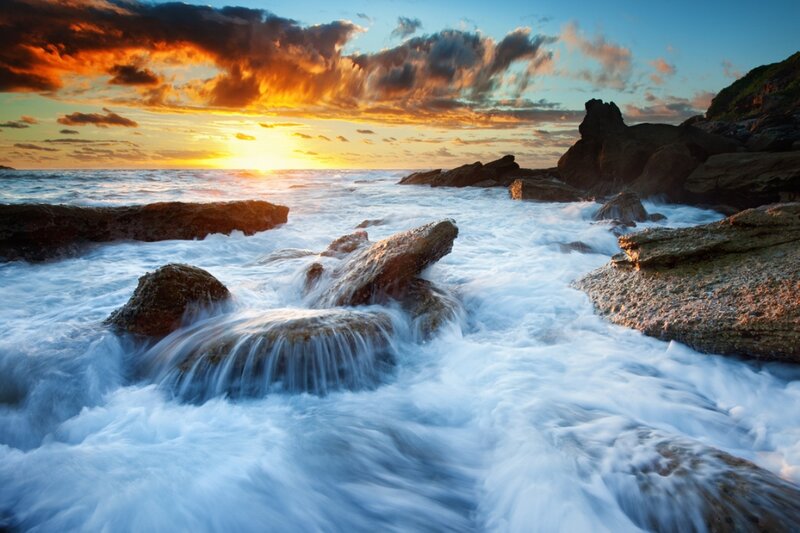Ocean Waves on Rocks — Blue, Dramatic, Sunset, Photograph, Clouds, Sun