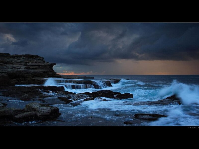 Ocean Waves on Rocks — Blue, Dramatic, Sunset, Photograph, Clouds