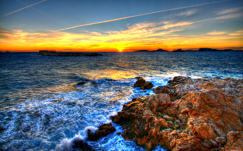 Ocean Waves on Rocks — Blue, Dramatic, Sunset, Photograph, Islands