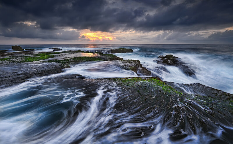 Ocean Waves on Rocks — Blue, Dramatic, Sunset, Photograph, Sea, Sky, Clouds