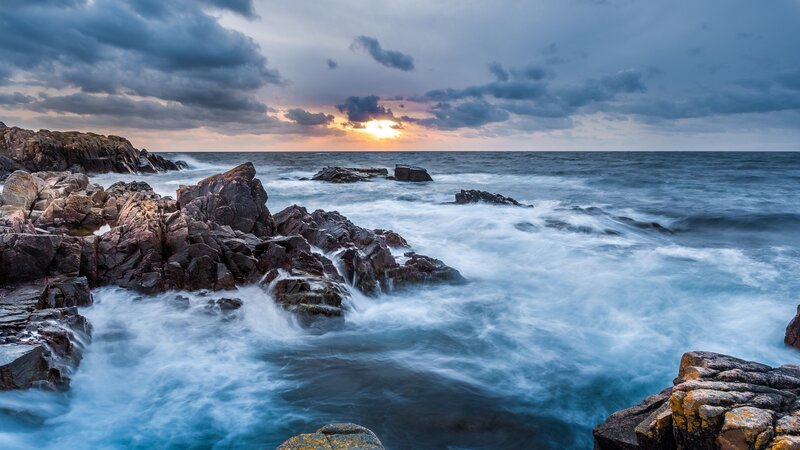 Ocean Waves on Rocks — Blue, Dramatic, Sunset, Photograph, Sea, Sky, Sun